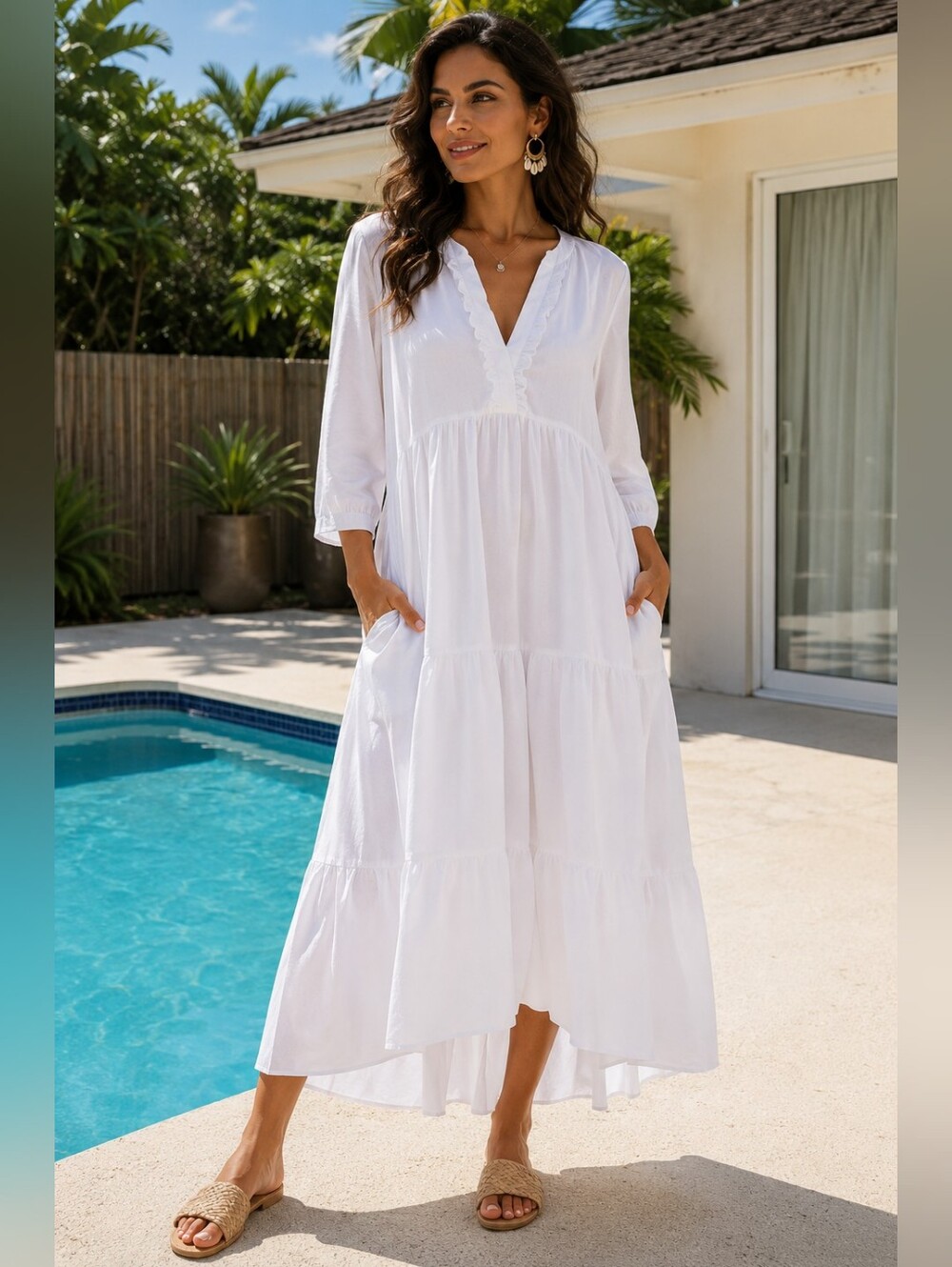 Zara White V-Neck Tiered Dress